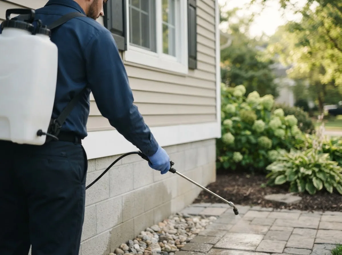 Pest control technician inspecting a home in Bluffton, IN